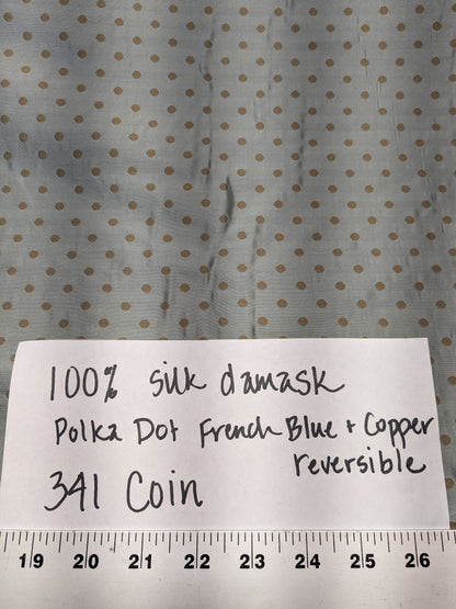 100% Silk Damask Jacquard Polka Dot "coin" French Blue Copper Gold Heavy Reversible