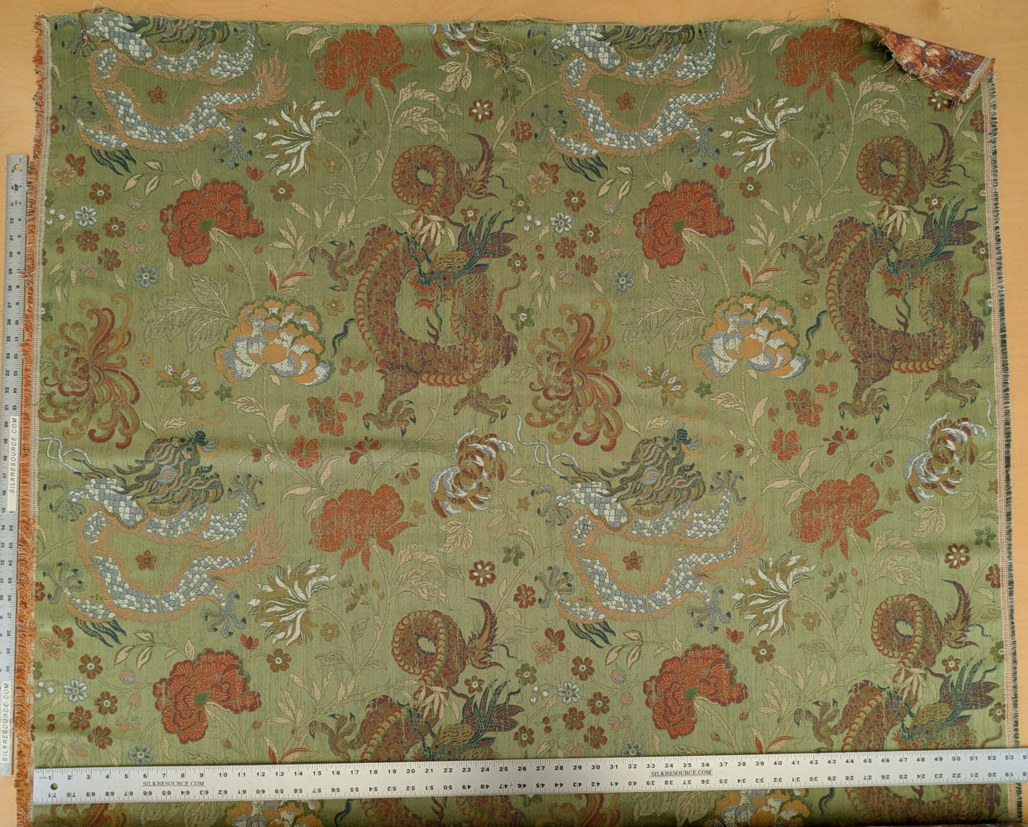 By yard Scalamandre Dragon Tablea Spring Multi Lampas Chinoserie Green