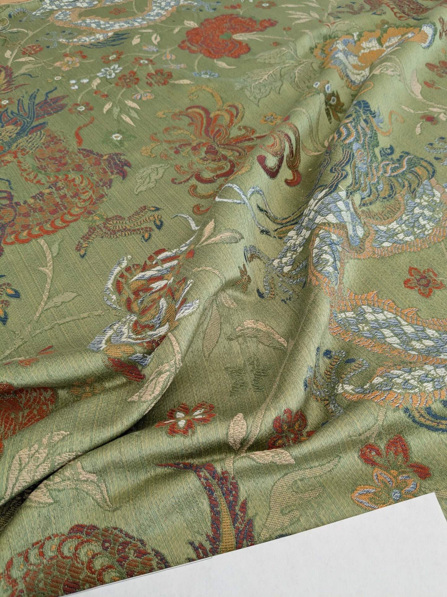By yard Scalamandre Dragon Tablea Spring Multi Lampas Chinoserie Green