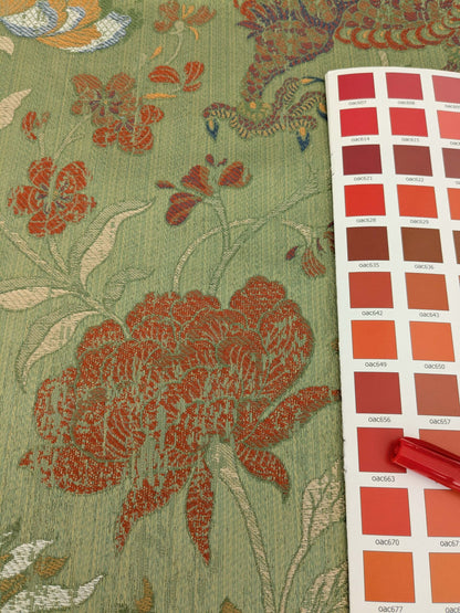 By yard Scalamandre Dragon Tablea Spring Multi Lampas Chinoserie Green