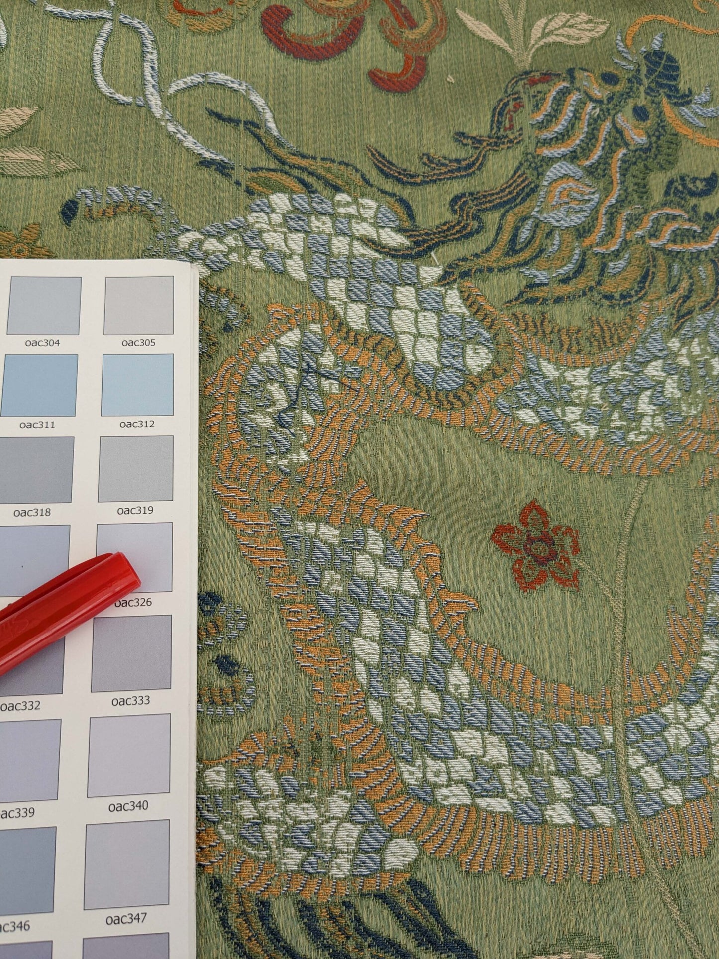 By yard Scalamandre Dragon Tablea Spring Multi Lampas Chinoserie Green