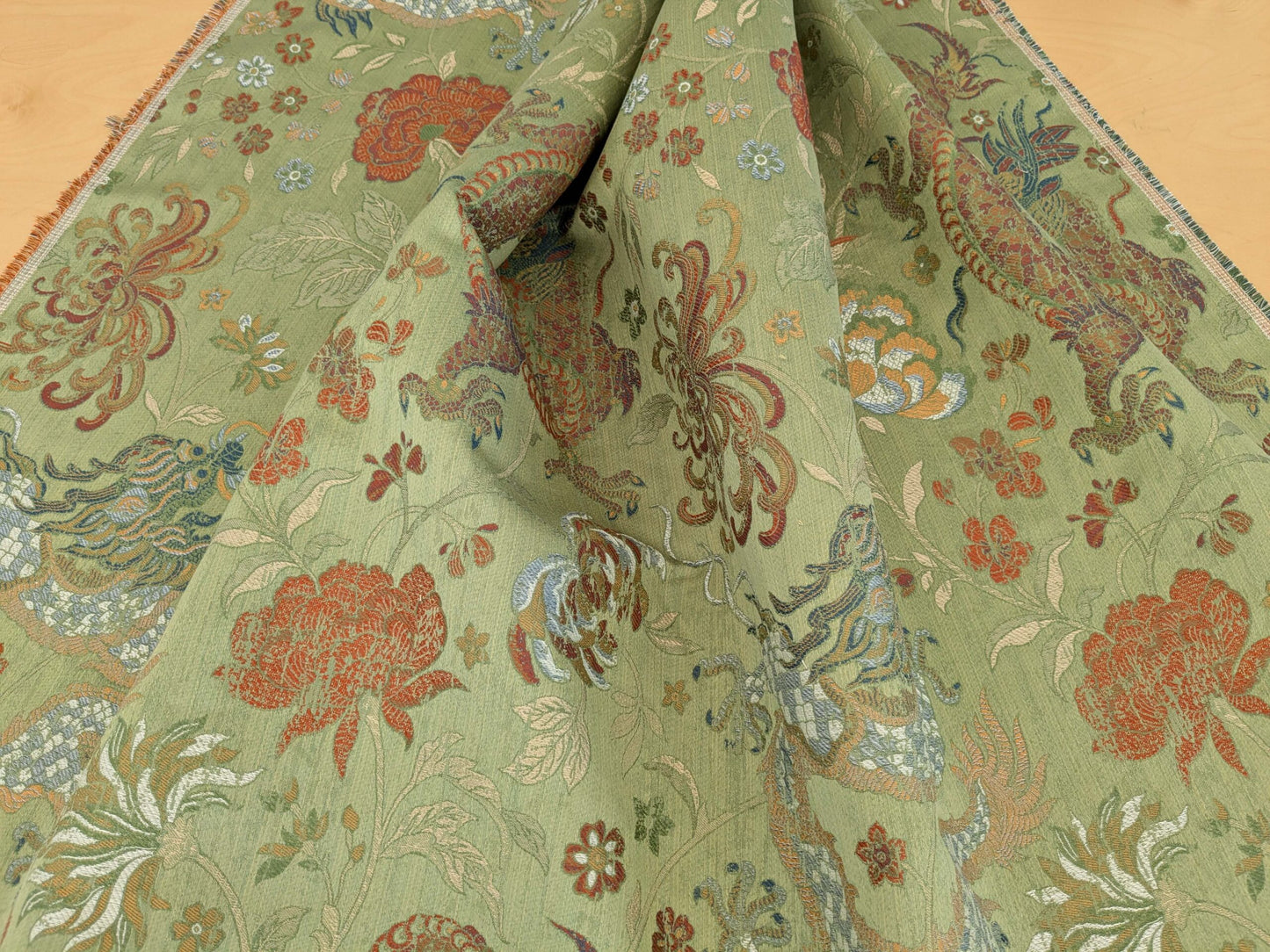 By yard Scalamandre Dragon Tablea Spring Multi Lampas Chinoserie Green