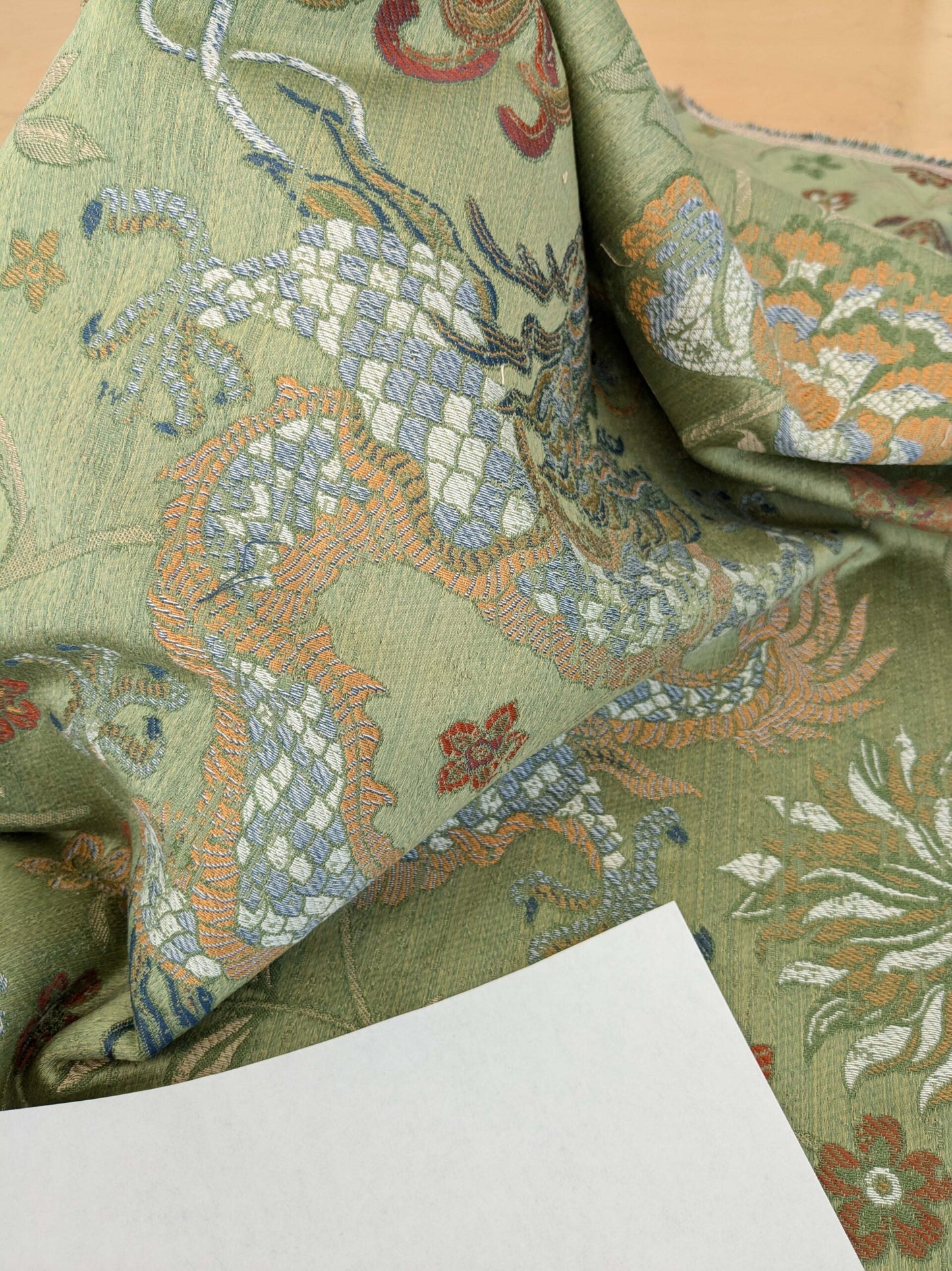 By yard Scalamandre Dragon Tablea Spring Multi Lampas Chinoserie Green