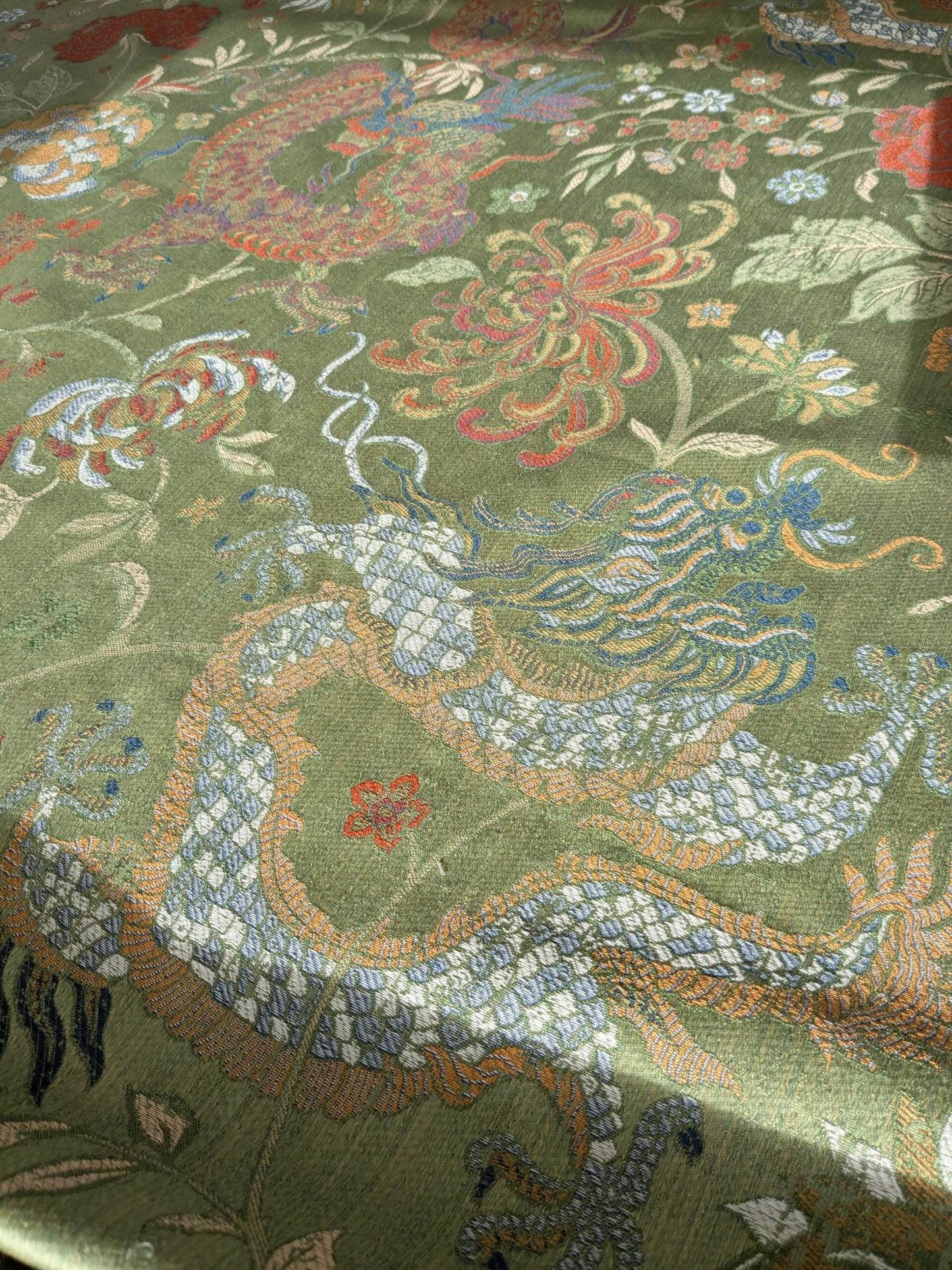By yard Scalamandre Dragon Tablea Spring Multi Lampas Chinoserie Green