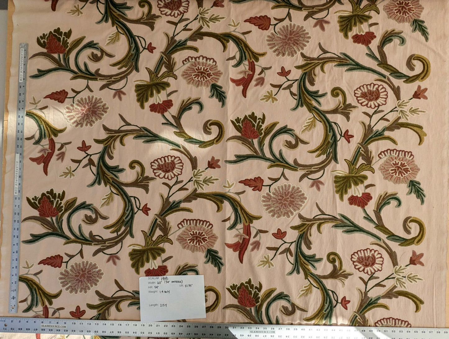 2.5yard Scalamandre Old World Weavers Devin Crewel Pastel Floral Botanical Wool Embroidery on Cotton Beige MSRP USD456/y