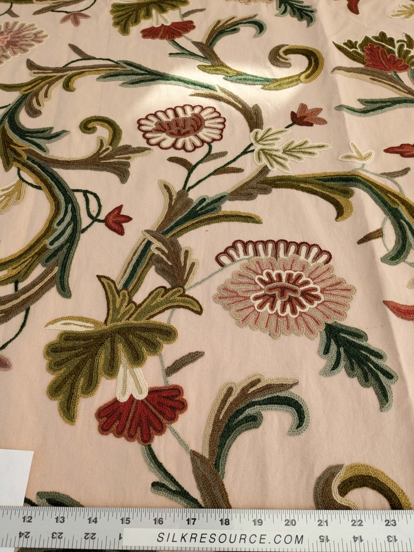 2.5yard Scalamandre Old World Weavers Devin Crewel Pastel Floral Botanical Wool Embroidery on Cotton Beige MSRP USD456/y