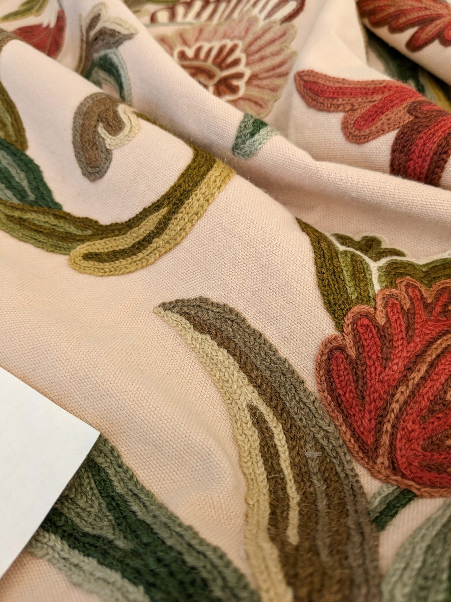 2.5yard Scalamandre Old World Weavers Devin Crewel Pastel Floral Botanical Wool Embroidery on Cotton Beige MSRP USD456/y