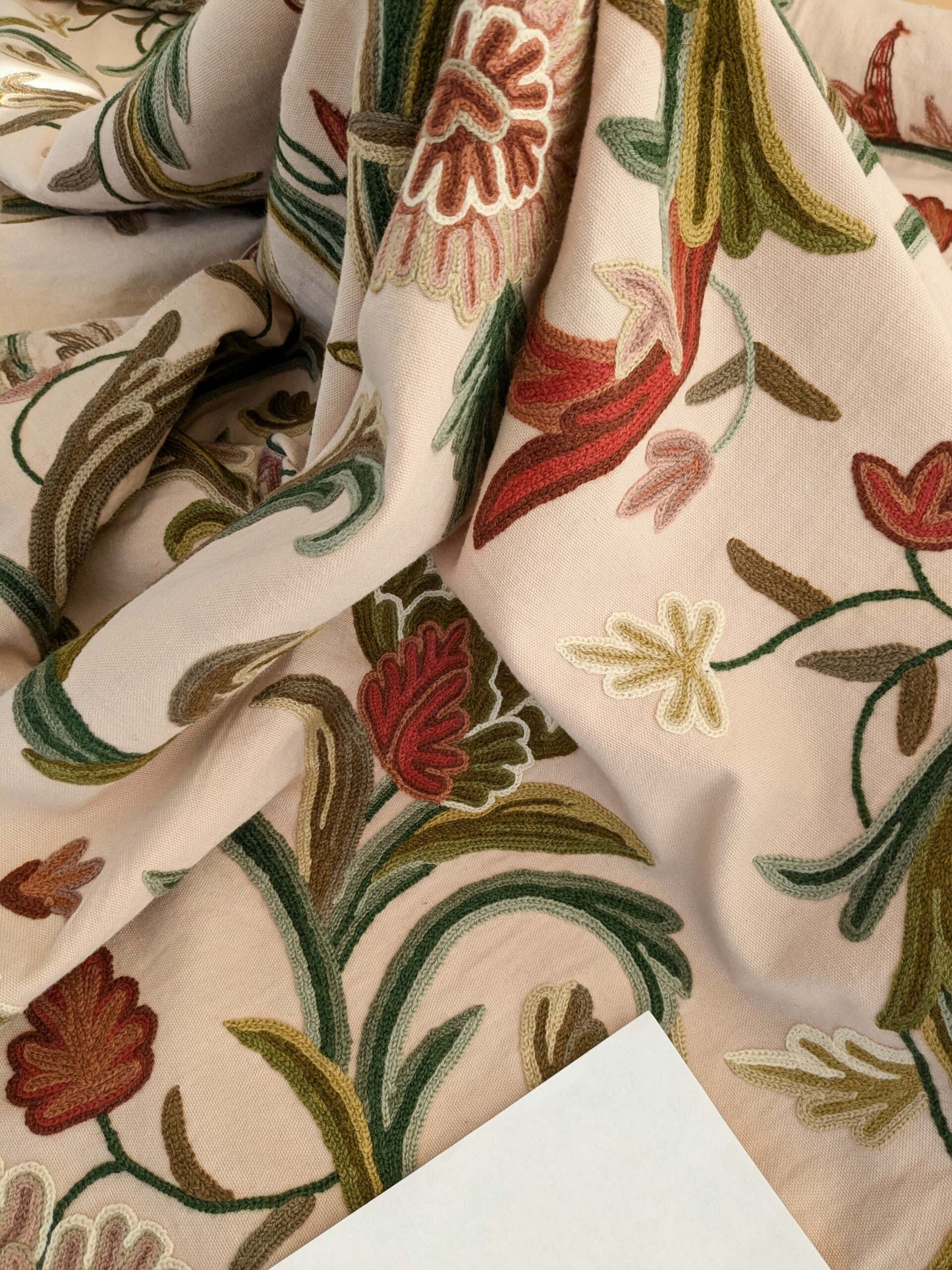2.5yard Scalamandre Old World Weavers Devin Crewel Pastel Floral Botanical Wool Embroidery on Cotton Beige MSRP USD456/y