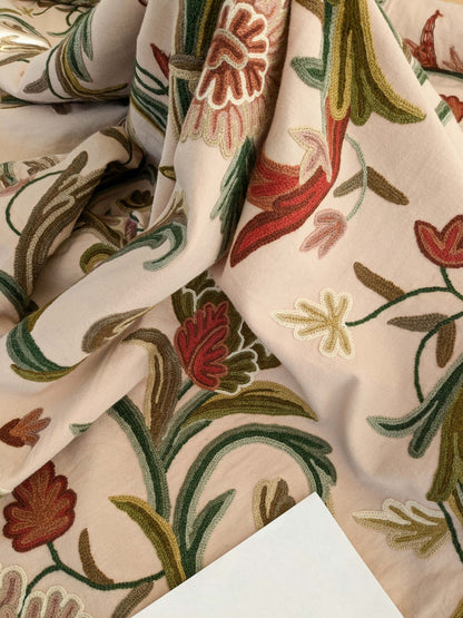 2.5yard Scalamandre Old World Weavers Devin Crewel Pastel Floral Botanical Wool Embroidery on Cotton Beige MSRP USD456/y