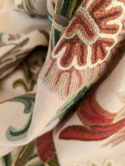 2.5yard Scalamandre Old World Weavers Devin Crewel Pastel Floral Botanical Wool Embroidery on Cotton Beige MSRP USD456/y