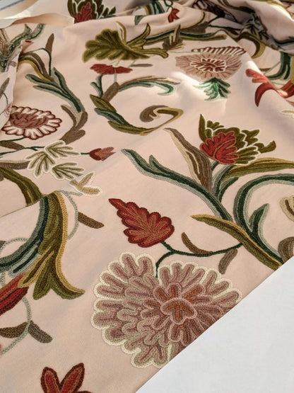 2.5yard Scalamandre Old World Weavers Devin Crewel Pastel Floral Botanical Wool Embroidery on Cotton Beige MSRP USD456/y