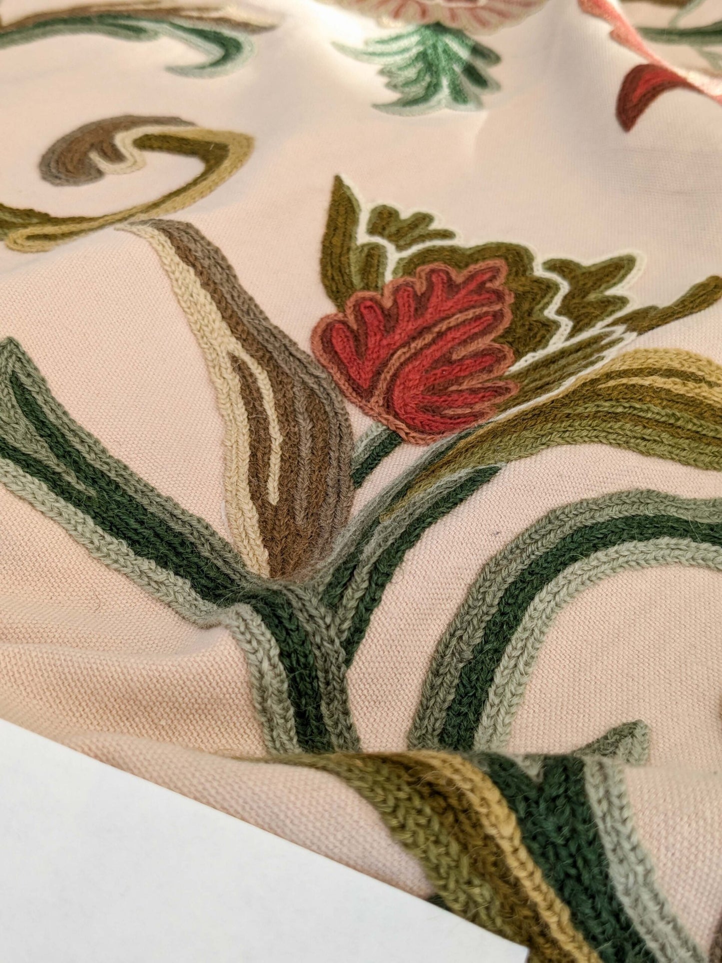 2.5yard Scalamandre Old World Weavers Devin Crewel Pastel Floral Botanical Wool Embroidery on Cotton Beige MSRP USD456/y