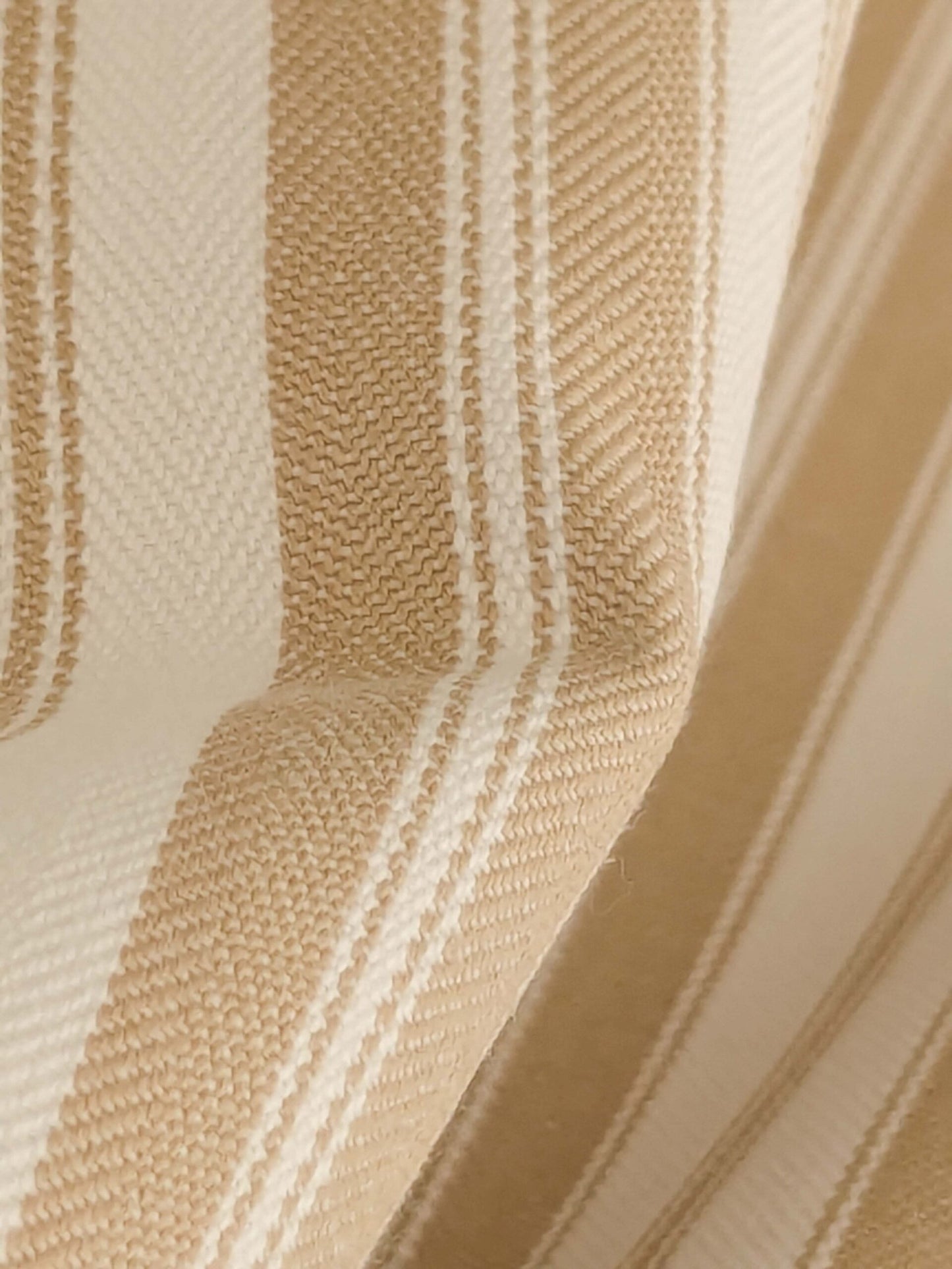 by yard Scalamandre Devon Ticking Stripe Camel Light Brown Cream White Cotton MSRP USD116/y