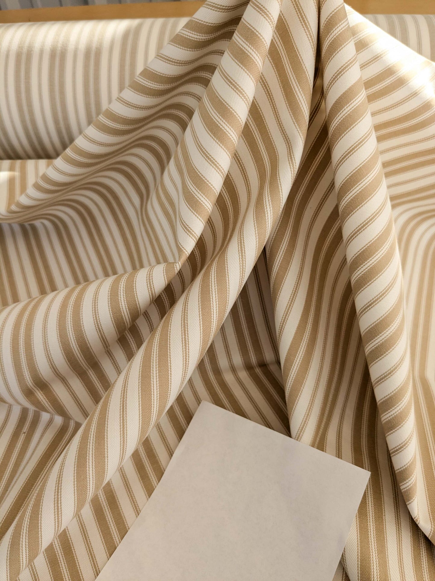 by yard Scalamandre Devon Ticking Stripe Camel Light Brown Cream White Cotton MSRP USD116/y