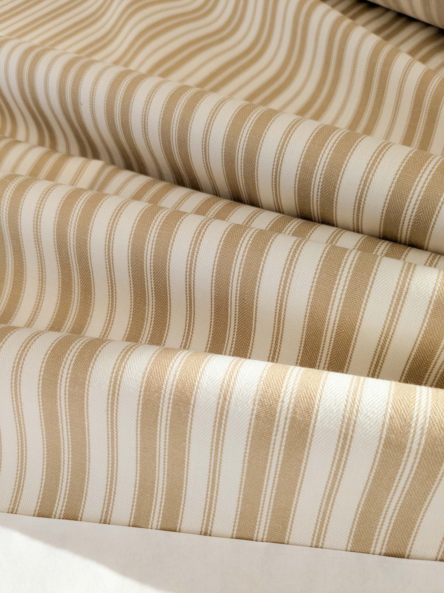 by yard Scalamandre Devon Ticking Stripe Camel Light Brown Cream White Cotton MSRP USD116/y