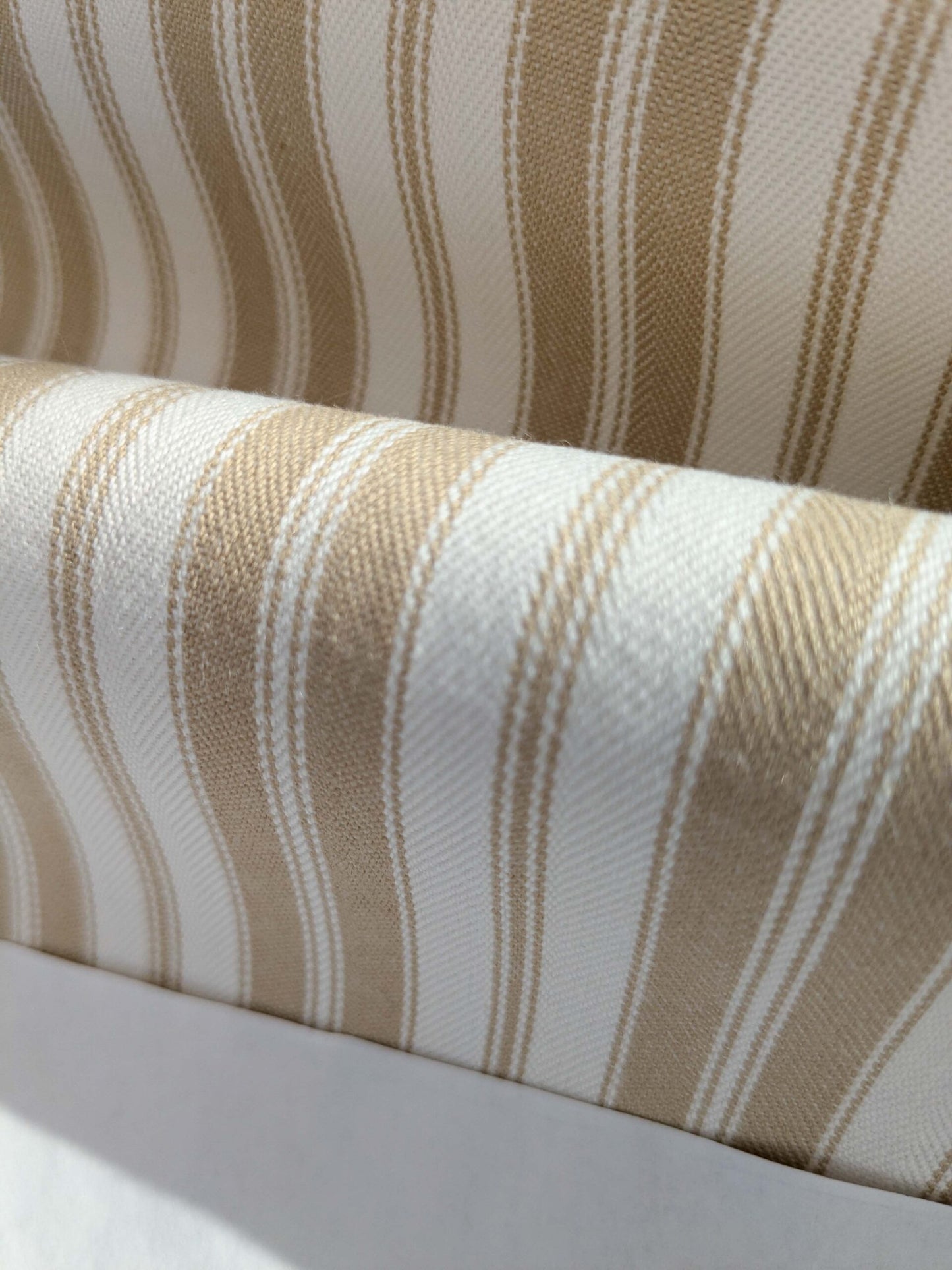 by yard Scalamandre Devon Ticking Stripe Camel Light Brown Cream White Cotton MSRP USD116/y