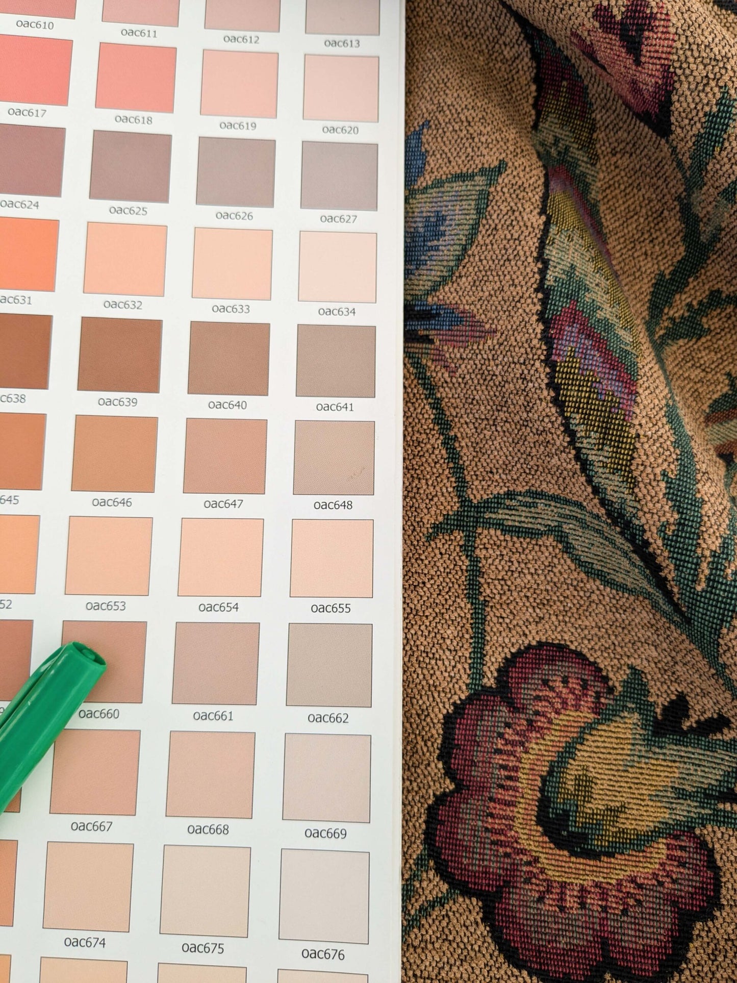 by yard Scalamandre Gobelin Green Blue Brown on Cocoa Botanical Foliage Cotton MSRPUSD 196/y Faint Stripe!