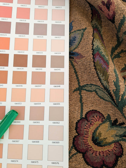 by yard Scalamandre Gobelin Green Blue Brown on Cocoa Botanical Foliage Cotton MSRPUSD 196/y Faint Stripe!