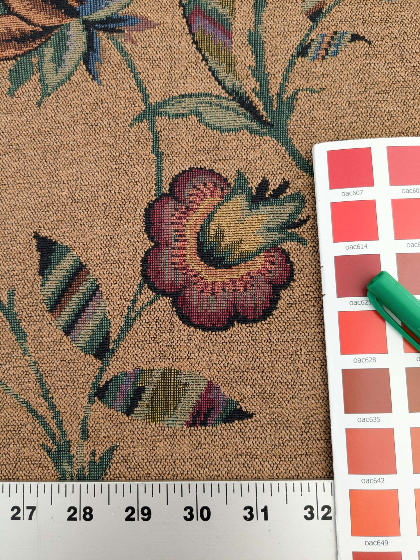 by yard Scalamandre Gobelin Green Blue Brown on Cocoa Botanical Foliage Cotton MSRPUSD 196/y Faint Stripe!