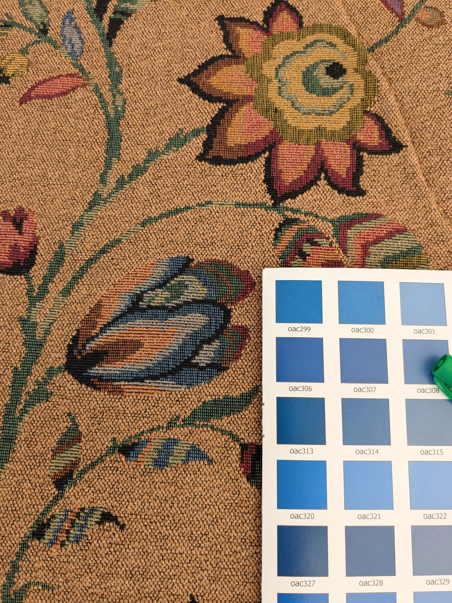 by yard Scalamandre Gobelin Green Blue Brown on Cocoa Botanical Foliage Cotton MSRPUSD 196/y Faint Stripe!