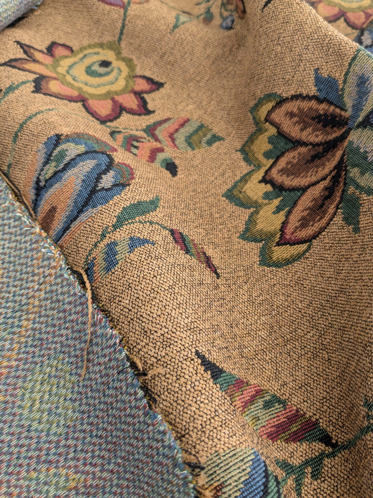 by yard Scalamandre Gobelin Green Blue Brown on Cocoa Botanical Foliage Cotton MSRPUSD 196/y Faint Stripe!