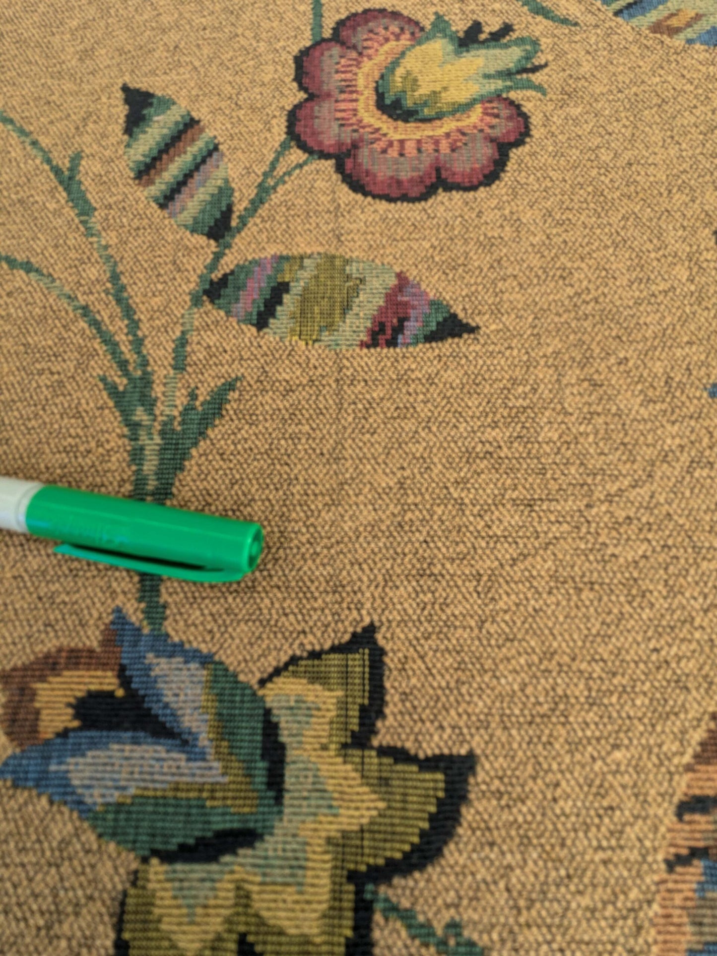 by yard Scalamandre Gobelin Green Blue Brown on Cocoa Botanical Foliage Cotton MSRPUSD 196/y Faint Stripe!