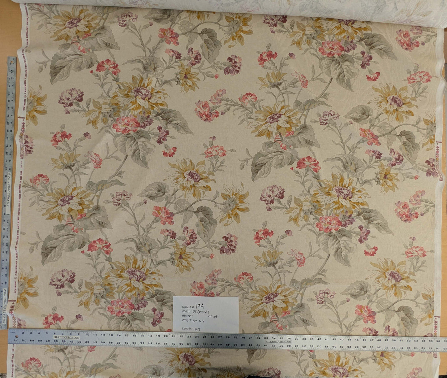 by yard Scalamandre Kaufmann English Garden Floral Botanical Historical Cotton Carnation Sunflower Chintz Red Pink Green Purple Yellow on Beige