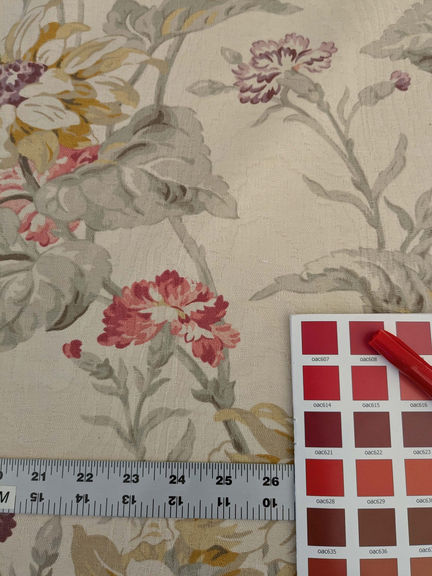 by yard Scalamandre Kaufmann English Garden Floral Botanical Historical Cotton Carnation Sunflower Chintz Red Pink Green Purple Yellow on Beige