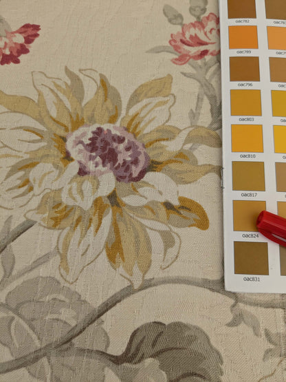 by yard Scalamandre Kaufmann English Garden Floral Botanical Historical Cotton Carnation Sunflower Chintz Red Pink Green Purple Yellow on Beige