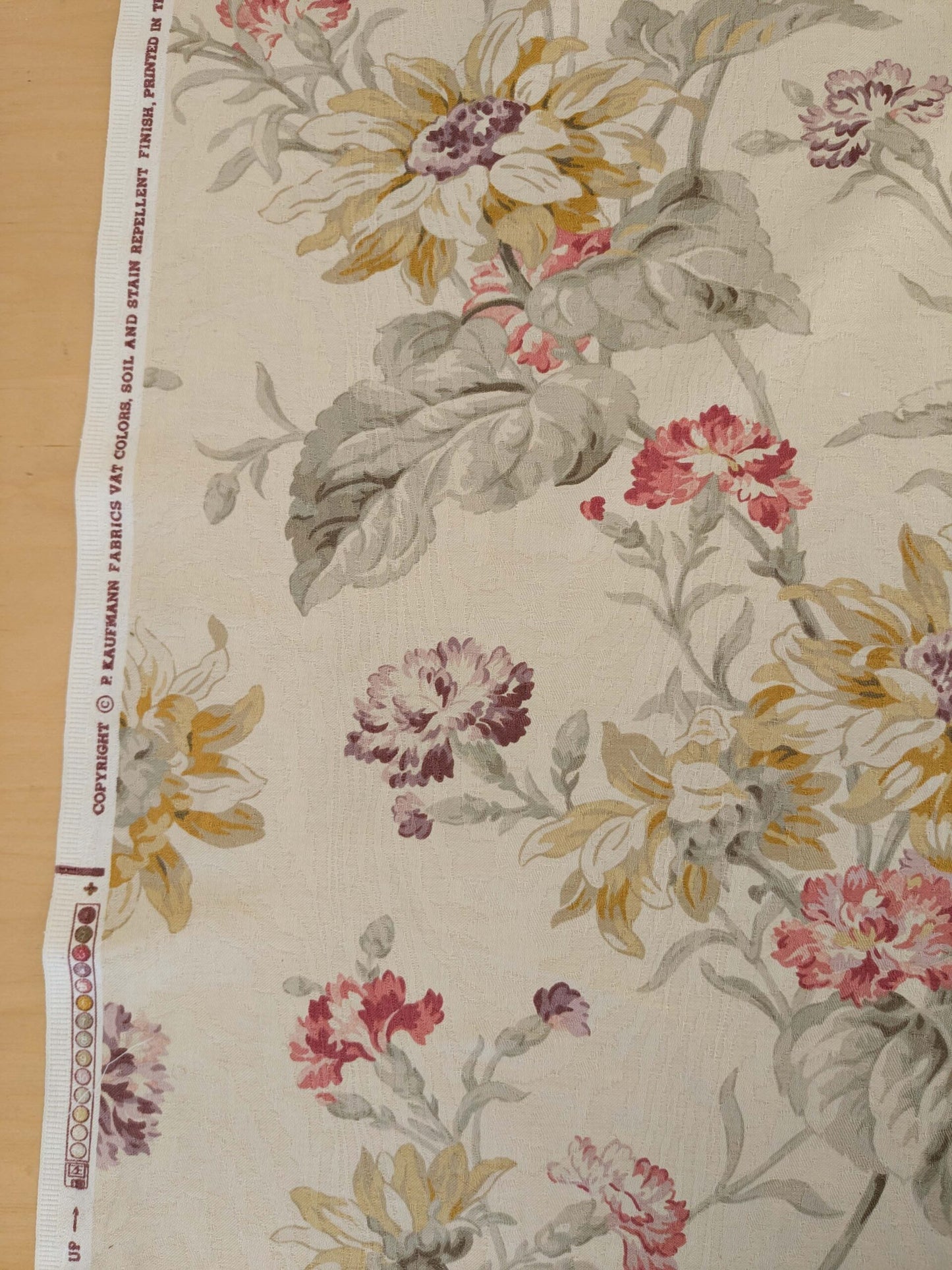 by yard Scalamandre Kaufmann English Garden Floral Botanical Historical Cotton Carnation Sunflower Chintz Red Pink Green Purple Yellow on Beige