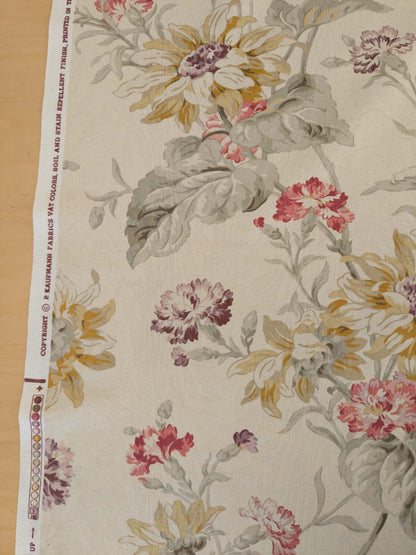 by yard Scalamandre Kaufmann English Garden Floral Botanical Historical Cotton Carnation Sunflower Chintz Red Pink Green Purple Yellow on Beige