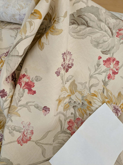 by yard Scalamandre Kaufmann English Garden Floral Botanical Historical Cotton Carnation Sunflower Chintz Red Pink Green Purple Yellow on Beige