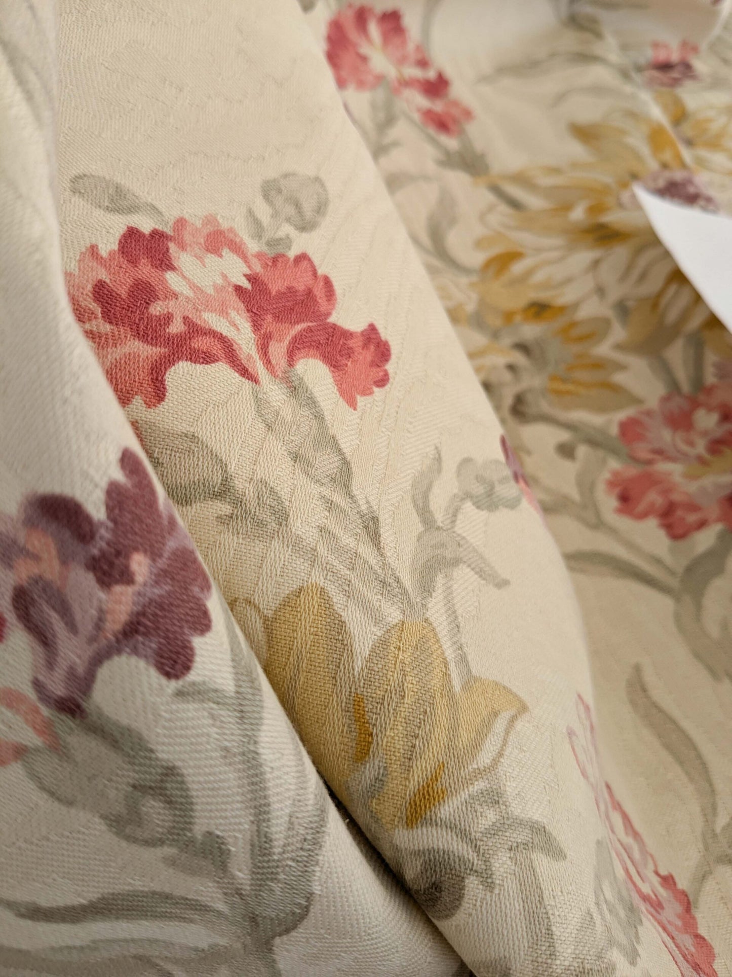 by yard Scalamandre Kaufmann English Garden Floral Botanical Historical Cotton Carnation Sunflower Chintz Red Pink Green Purple Yellow on Beige