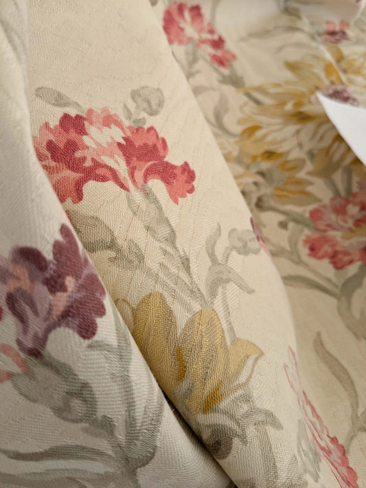by yard Scalamandre Kaufmann English Garden Floral Botanical Historical Cotton Carnation Sunflower Chintz Red Pink Green Purple Yellow on Beige