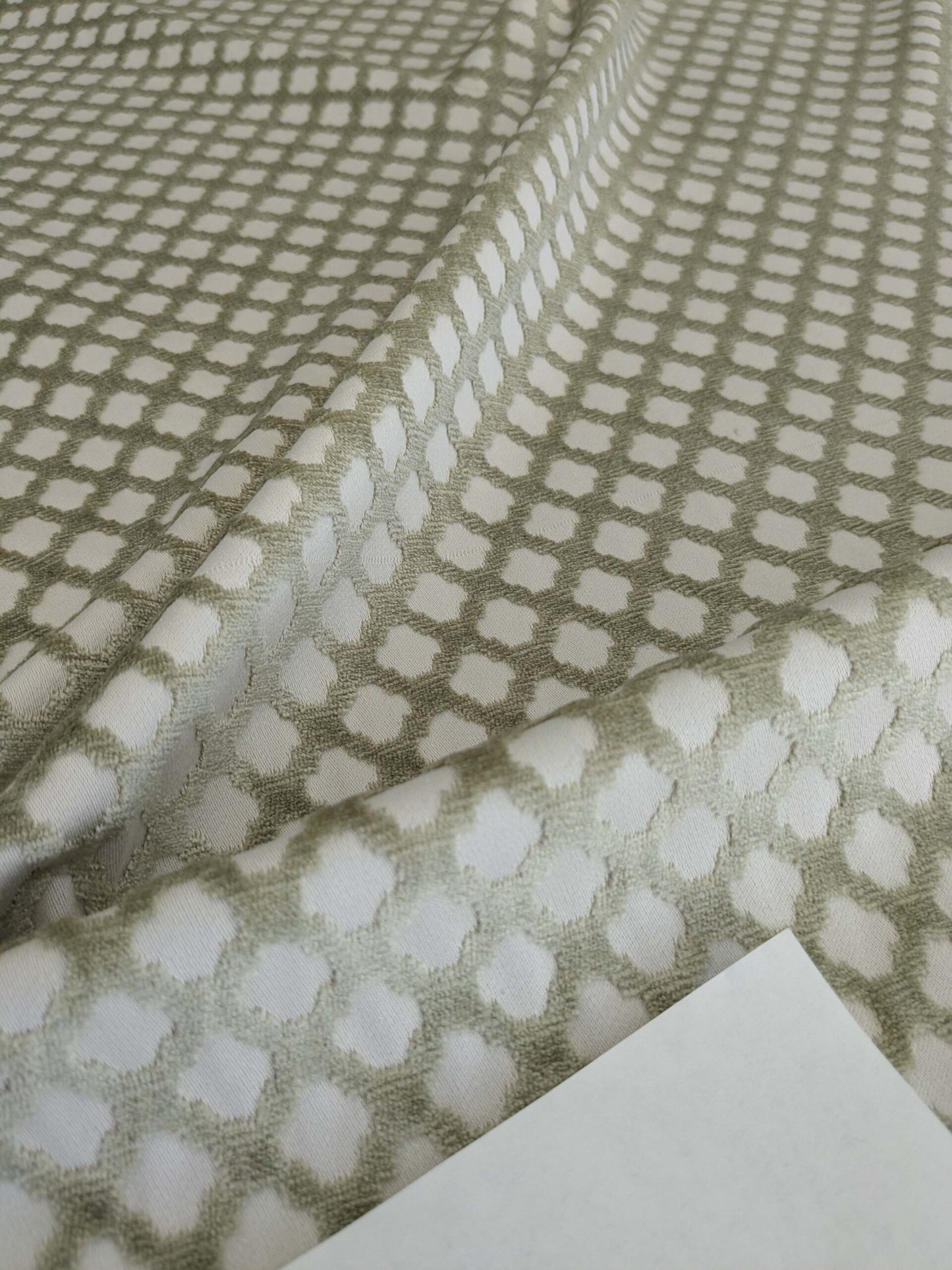 by yard Scalamandre Pomfret Green Tea Silk Cotton Green Beige Diamond Ogee Small Scale MSRP USD816/y