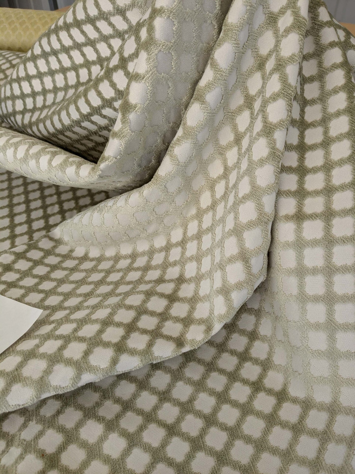 by yard Scalamandre Pomfret Green Tea Silk Cotton Green Beige Diamond Ogee Small Scale MSRP USD816/y