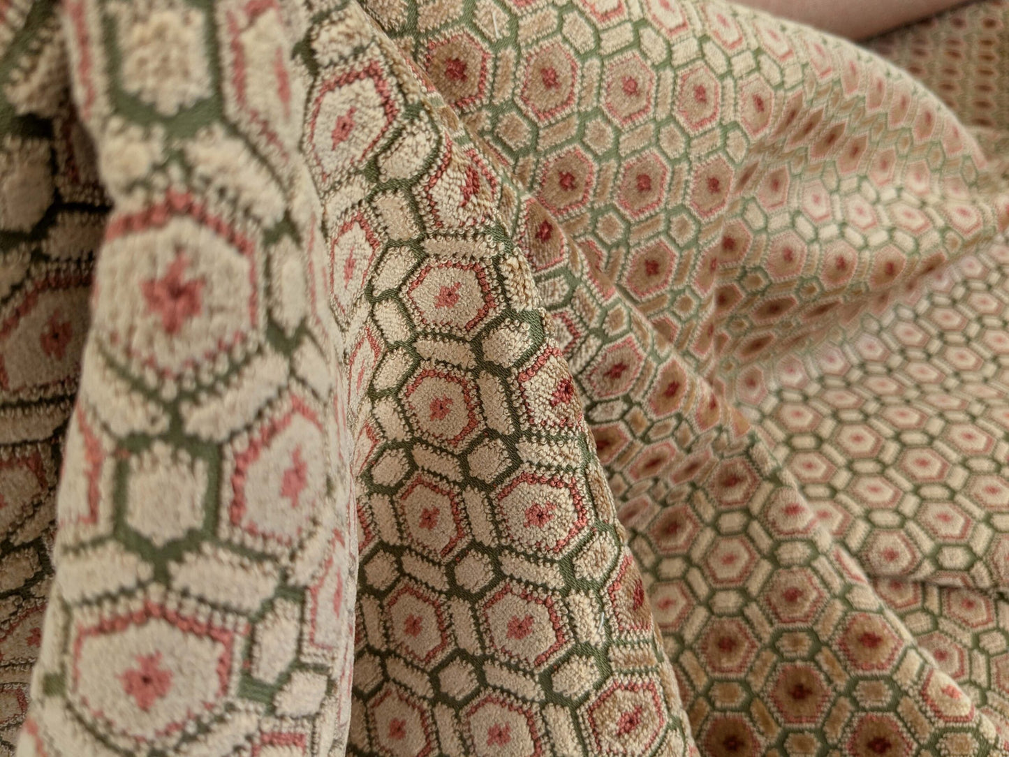 By yard Scalamandre Old World Weavers Manet Green Brown Beige Velvet Viscose Small Scales Geometric MSRP USD570/y