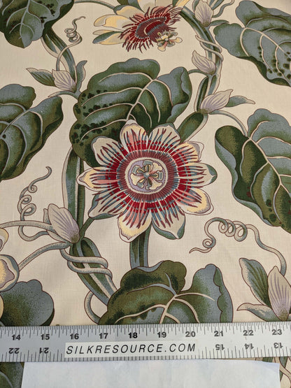 by yard Scalamandre Vintage-Inspired Passion flower Print Chintz Red Green Soft Beige Botanical Large Pattern