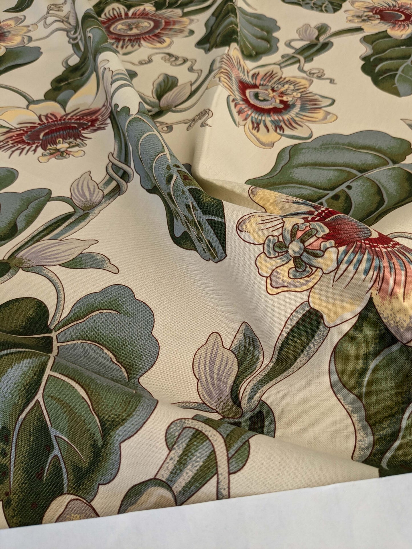 by yard Scalamandre Vintage-Inspired Passion flower Print Chintz Red Green Soft Beige Botanical Large Pattern