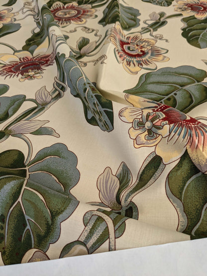 by yard Scalamandre Vintage-Inspired Passion flower Print Chintz Red Green Soft Beige Botanical Large Pattern