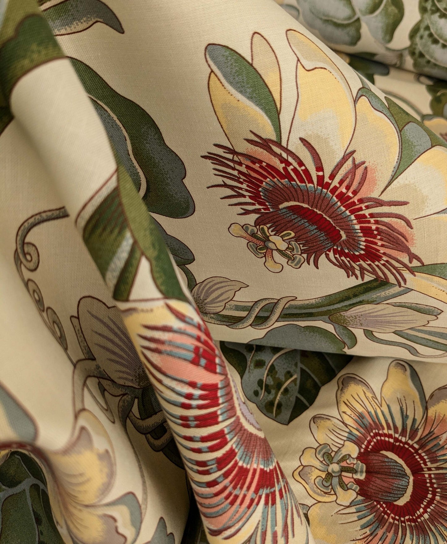 by yard Scalamandre Vintage-Inspired Passion flower Print Chintz Red Green Soft Beige Botanical Large Pattern