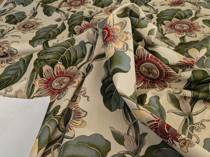 by yard Scalamandre Vintage-Inspired Passion flower Print Chintz Red Green Soft Beige Botanical Large Pattern