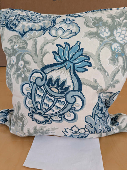 Scalamandre Pillow Case Square Canterbury Linen Print OYSTER &amp; INDIGO Blue White Jacobean Tree of Life 22"x22" inches 7-Ev49