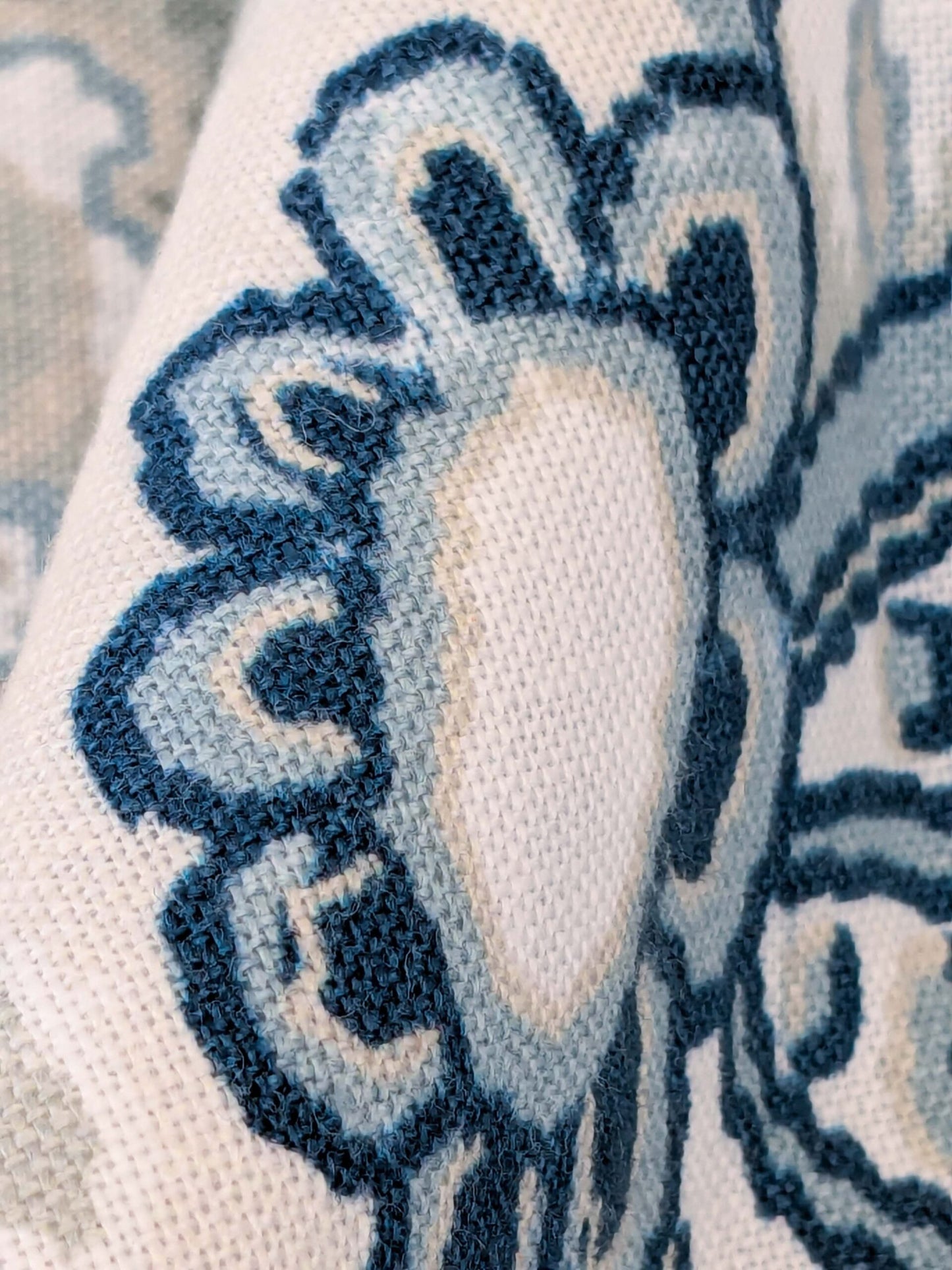 Scalamandre Pillow Case Square Canterbury Linen Print OYSTER &amp; INDIGO Blue White Jacobean Tree of Life 22"x22" inches 7-Ev49