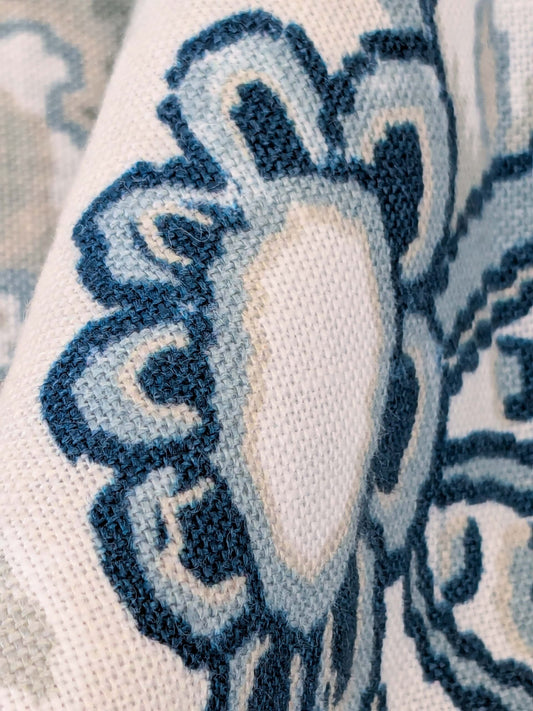 Scalamandre Pillow Case Square Canterbury Linen Print OYSTER &amp; INDIGO Blue White Jacobean Tree of Life 22"x22" inches 7-Ev49