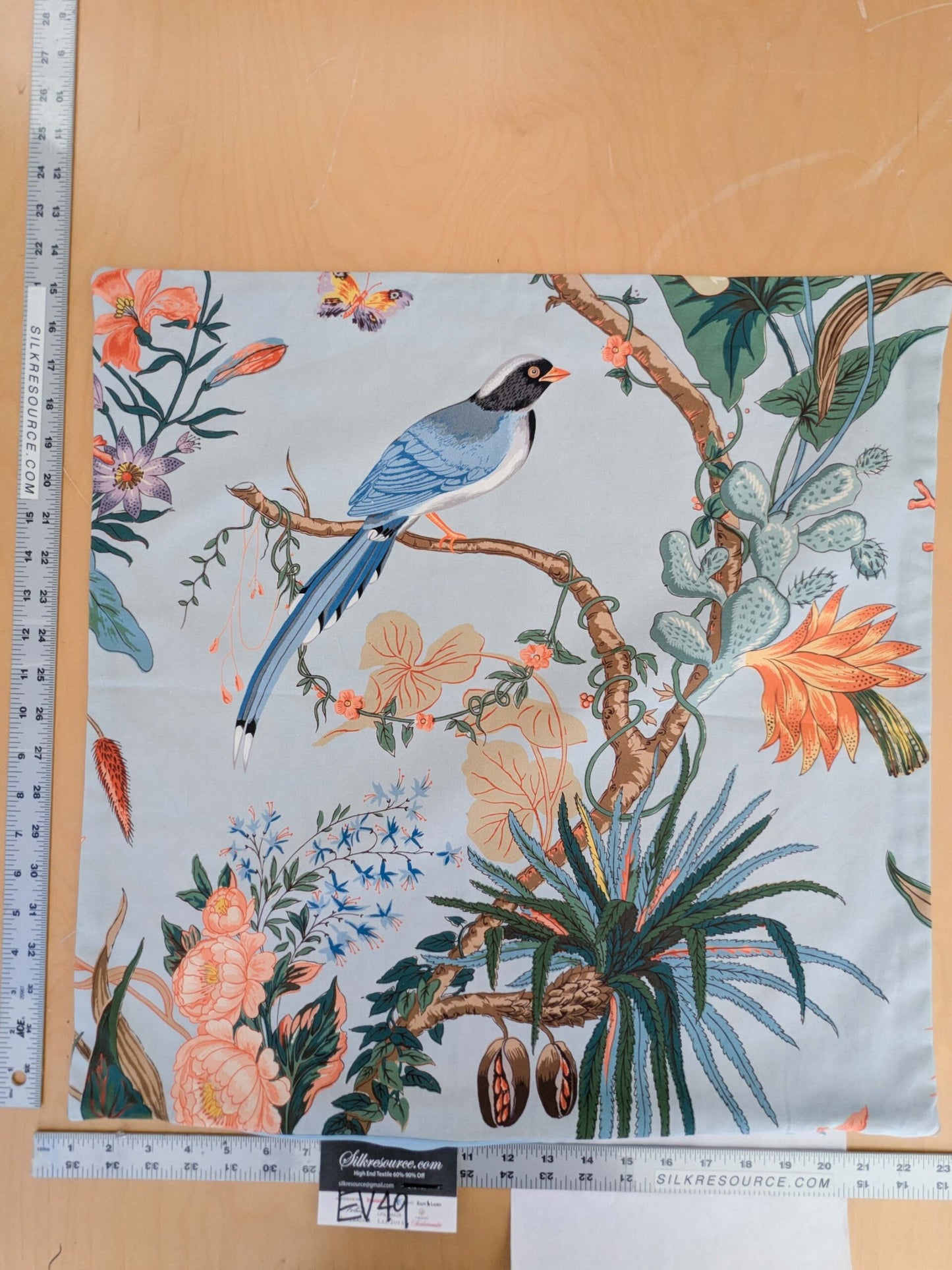 Scalamandre Pillow Case Square Cinque Terra Cotton Light Blue Birds Floral 21"x21" inches 11-Ev49