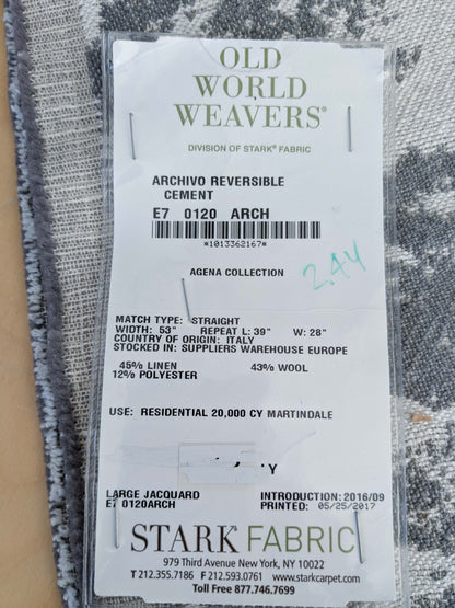 2.4y x 53"w Scalamandre Archivo Reversible Cement Grey White Linen Wool Large Jacquard MSRP USD556/y 15-Ev49