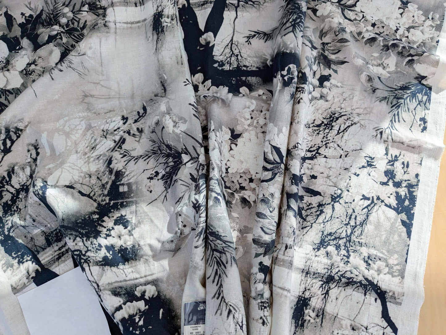 1.2y x 53"w  Scalamandre Jean Paul Gaultier Lelievre Paris Vagabond Graphite Linen Botanical Foliage Scenic Print Black White MSRP USD 500+/yard 17-Ev49