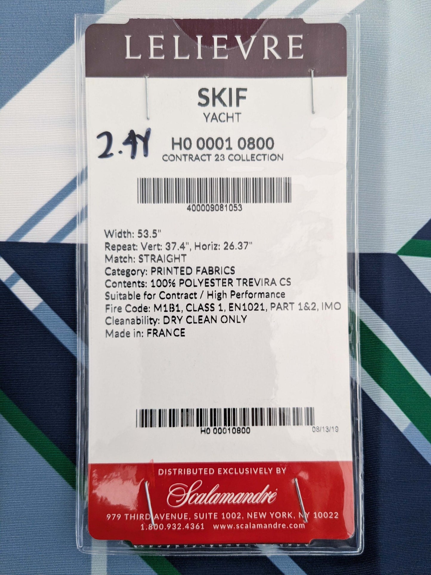 2.4y x 53"w Scalamandre Lelievre Paris Skif Yacht Blue White Green Polyester Geometric Graphic MSRP USD436/y 21-Ev49