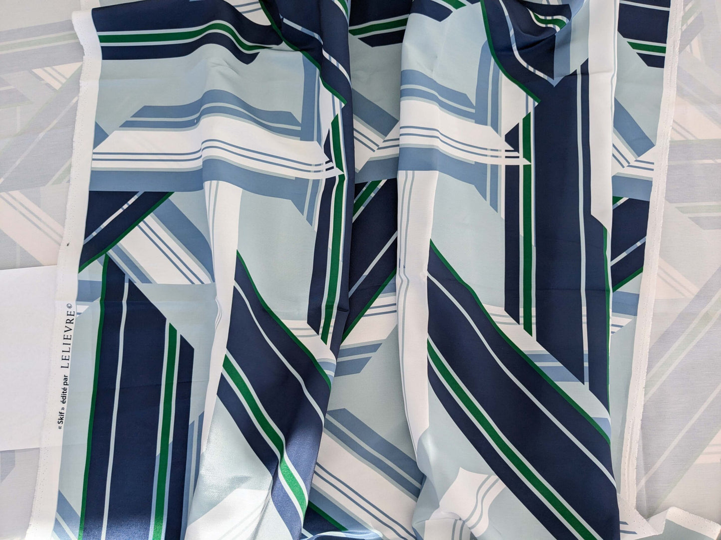 2.4y x 53"w Scalamandre Lelievre Paris Skif Yacht Blue White Green Polyester Geometric Graphic MSRP USD436/y 21-Ev49